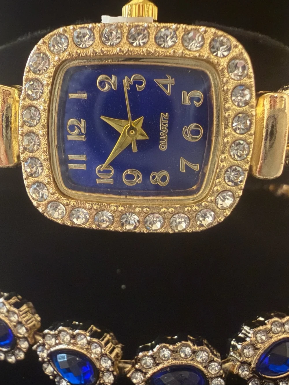 Gold-Tone Bracelet Watch with Royal Blue Dial and Crystal Accents